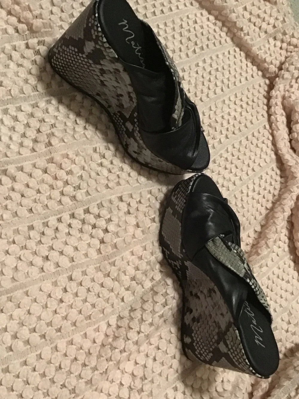 Matisse Black and Gray Snake-Print Wedge Sandals